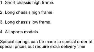 1. Short chassis high frame.  2. Long chassis high frame.  3. Long chassis low frame.  4. All sports models   Special springs can be made to special order at special prices but require extra delivery time.